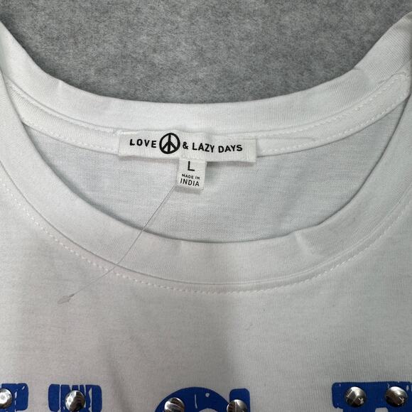 Love Peace Lazy Days USA Flag Tank Top L White Fringe Crewneck Cotton Pullover - Picture 2 of 6